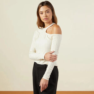 MONROW Flat Rib Asymmetric Long Sleeve Shirt, Beige